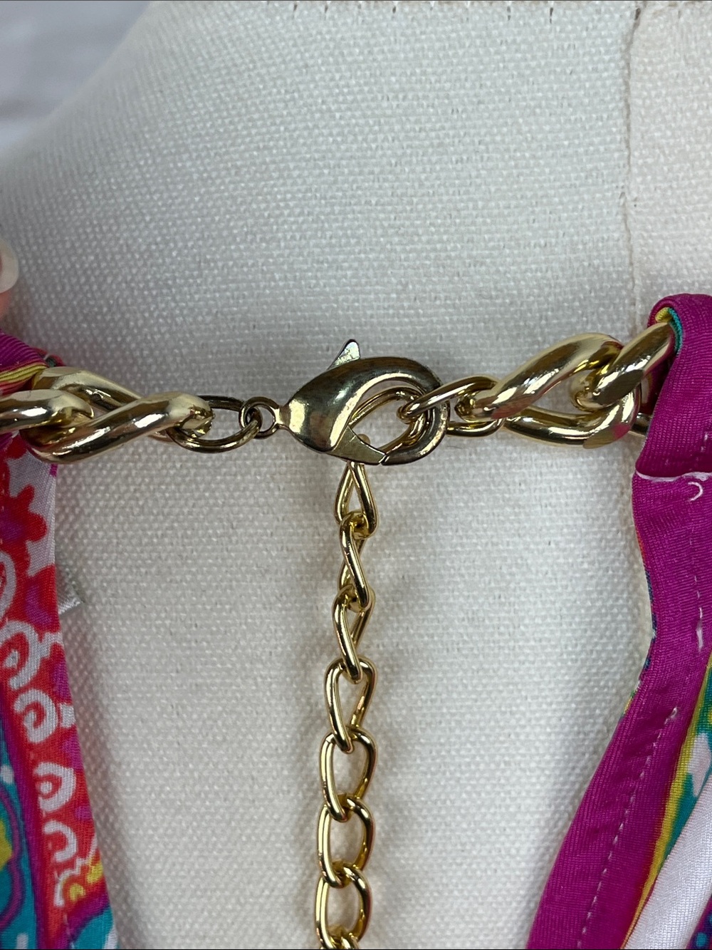 CACHÉ Y2K VINTAGE HALTER BLOUSE CHAIN COLLAR FAUX WRAP COLORFUL PAISLEY SZ LG - Picture 7 of 12